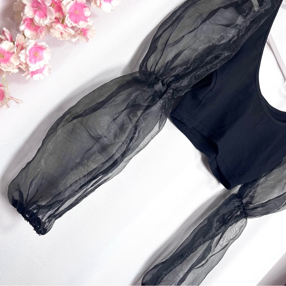 🌸 4/$20 Goth Sheer Puff Sleeve black crop top small - Picture 3 of 5